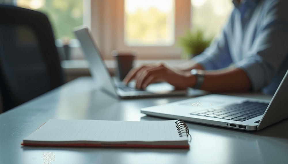 Professional working at a desk with two laptops and a notebook