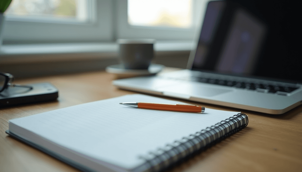 Laptop, notebook, and pen arranged for digital strategy planning