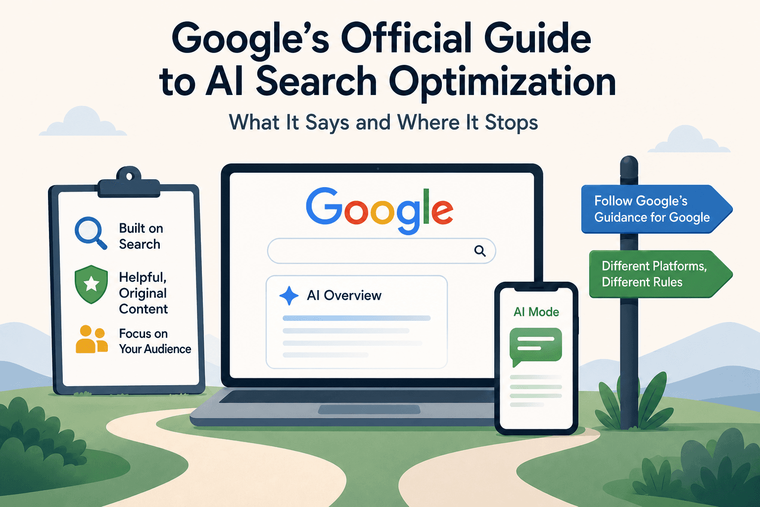 Illustration of Google's AI search guidance across AI Overviews and AI Mode